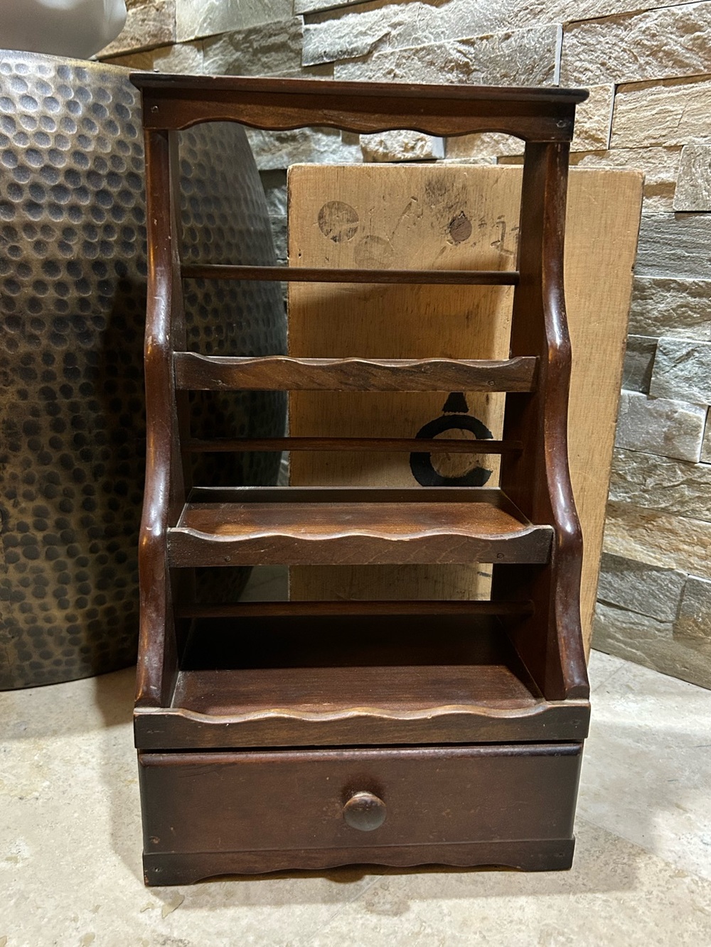 vintage 3 Tier wooden spice rack or curio or knick-knack display shelf w/ Drawer